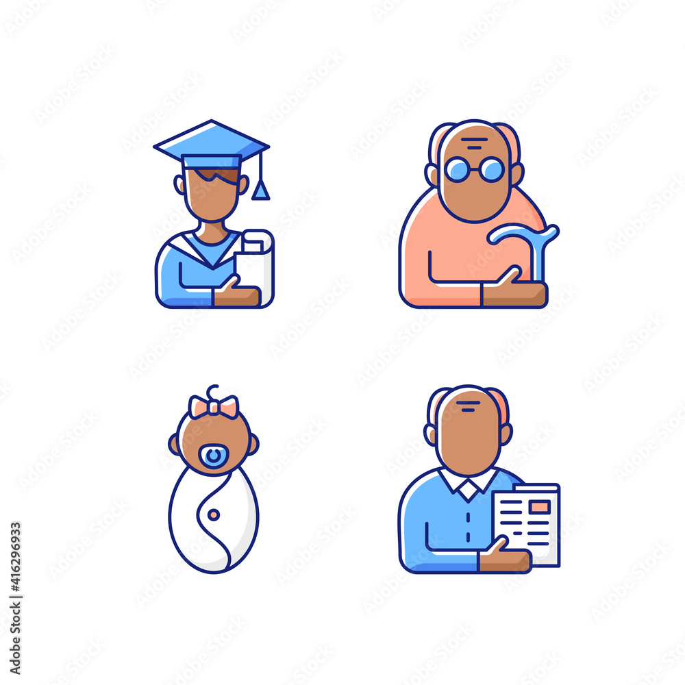 Aging process RGB color icons set. Male student. Pensioner. Early adulthood. Baby phase. Old man. Infancy development. Senior citizen. Pursuing education. Old age. Isolated vector illustrations Aging process RGB color icons set. Male student. Pensioner. Early adulthood. Baby phase. Old man. Infancy development. Senior citizen. Pursuing education. Old age. Isolated vector illustrations