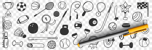 Sport games equipment doodle set. Collection of hand drawn badminton racket dumbbells soccer ball trophies hockey stick rugby tennis ball darts field medals isolated on transparent background