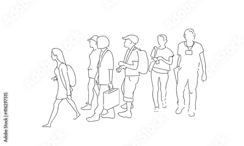 A group of people walking. Silhouette sketch in one line. Vector illustration on a white background.