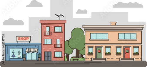 Flat Isometric Line City Street Landscape View Concept with Buildings, Roads, Trees.