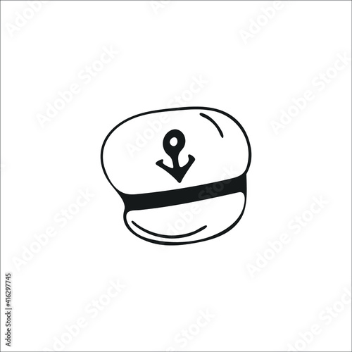 Hand-drawn captain's hat, single еlement. Graphic doodle, sketch, outline drawing isolated on white. Vector illustration