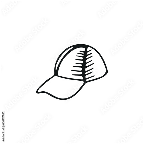 Hand drawn cute summer cap, single elemental. Graphic drawing, sketch, contour drawing on white. Vector illustration