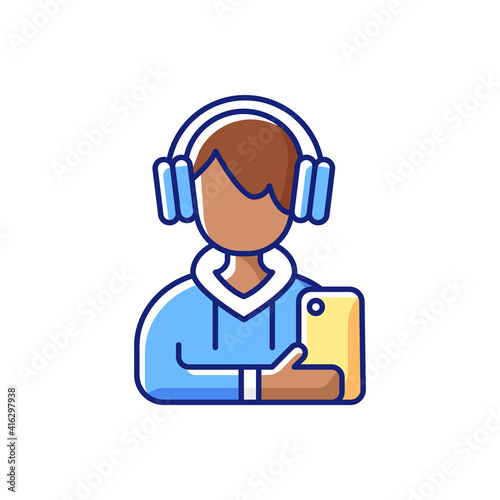 Teenage boy RGB color icon. Male teenager. Adolescence. Emotional development. School stress, peer problems. Mood swings. Growth spurts, puberty changes. Low self-esteem. Isolated vector illustration