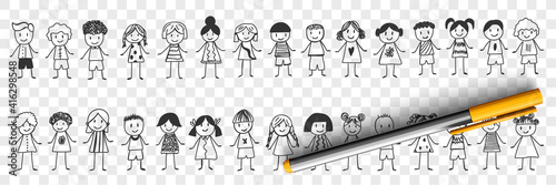 Happy boys and girls doodle set. Collection of hand drawn various smiling children boys and girls standing and feeling cheerful isolated on transparent background