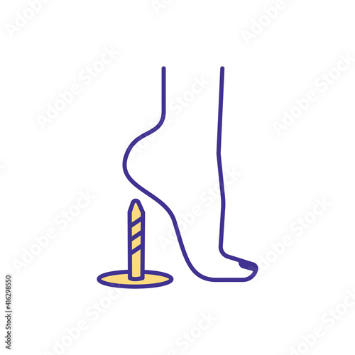 Stepping on nail RGB color icon. Joint and bone infection. Puncture wound. Skin damage. Tetanus spores growth prevention. Work injury. Infectious complications. Isolated vector illustration