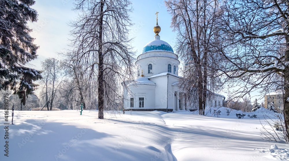 Winter view of orthodox church in Gorodets.