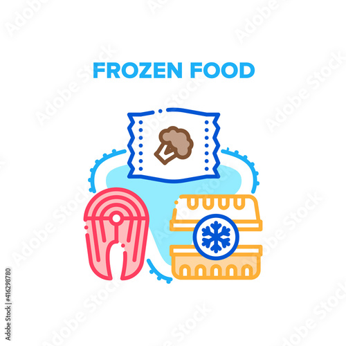 Frozen Food Vector Icon Concept. Fish Steak And Broccoli Vegetables In Bag, Container For Storaging And Carrying Frozen Food. Seafood And Healthy Nutrition Long Storage Color Illustration