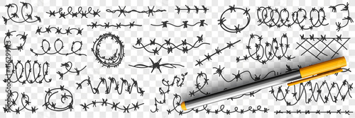 Barbed wire in prison doodle set. Collection of hand drawn various shapes of barbed wire fence protecting walls in prisons and special establishments isolated on transparent background