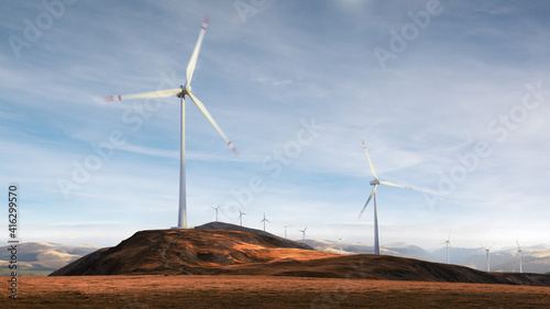 Green renewable alternative energy concept - wind generator turbines generating electricity. Landscape with windmills 