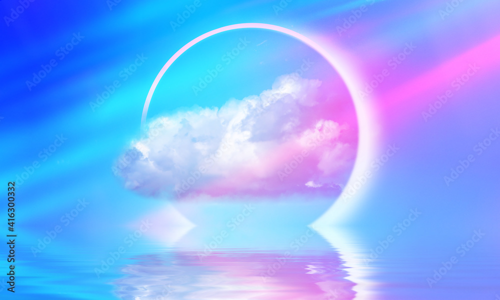 Glowing neon shapes passing through the cloud against the blue sky. Reflection on the water. Seascape background with neon glow. 3d illustration Glowing neon shapes passing through the cloud against the blue sky. Reflection on the water. Seascape background with neon glow. 3d illustration