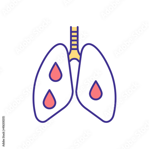 Bleeding into lungs RGB color icon. Coughing up blood. Pulmonary haemorrhage. Problems in blood vessels. Medical condition. Bronchitis, fibrosis, cancer. Isolated vector illustration