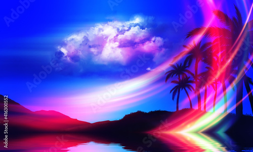 Fototapeta Naklejka Na Ścianę i Meble -  Abstract futuristic background. Silhouettes of palm trees on a tropical island are reflected on the water, neon shapes against the background of an ultraviolet cloud. Beach party. 3d illustration