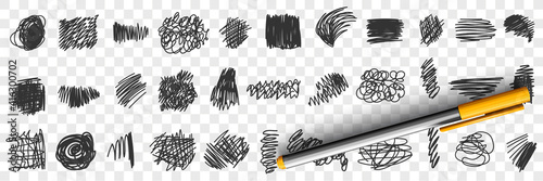 Written by pen or pencil Scribbles drawings doodle set. Collection of hand drawn scribbles of various patterns straight lines geometrical shapes isolated on transparent background