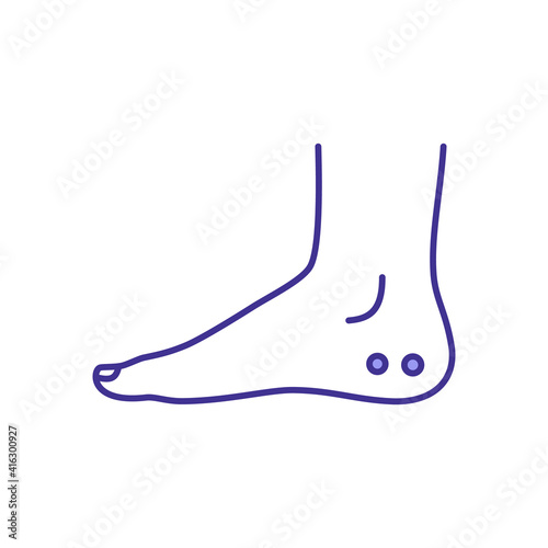 Snake bite on foot RGB color icon. Puncture marks on skin. Extremity envenomations. Poisonous snakebite injury. Snake venom spreading. Soft tissue swelling. Isolated vector illustration