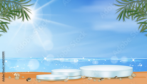 Vector 3D Showcase display in blue pastel and yellow gold stand on beach sand, Realistic luxury podium on ocean and blue sky background,illustration showcase mock up for cosmetic product