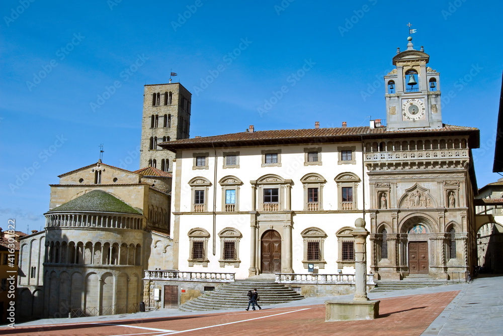 The building of Fraternita dei Laici and Church of Santa Maria della Pieve, Piazza Vasari (Piazza Grande), Arezzo, Tuscany The building of Fraternita dei Laici and Church of Santa Maria della Pieve, Piazza Vasari (Piazza Grande), Arezzo, Tuscany