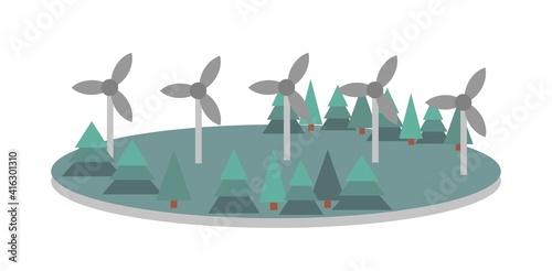 Simple vector illustration of a field with wind turbines and pine forest. Cartoon clipart. Concept for the production of natural eco-electricity
