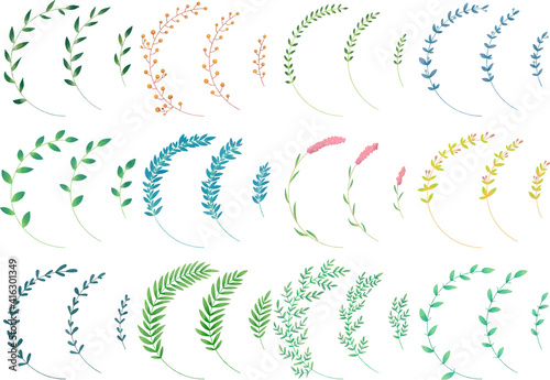 パステルカラーのリーフ・植物セット　線画なし　ベクター素材