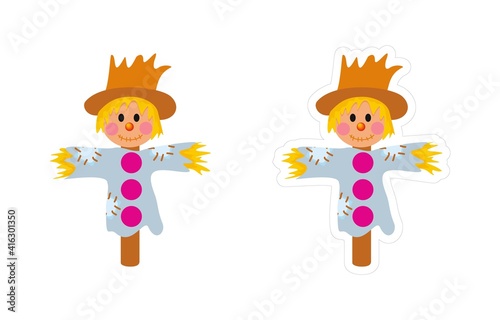 Vector sticker with white border of the scarecrow. Simple flat clipart of cute straw doll for field and garden