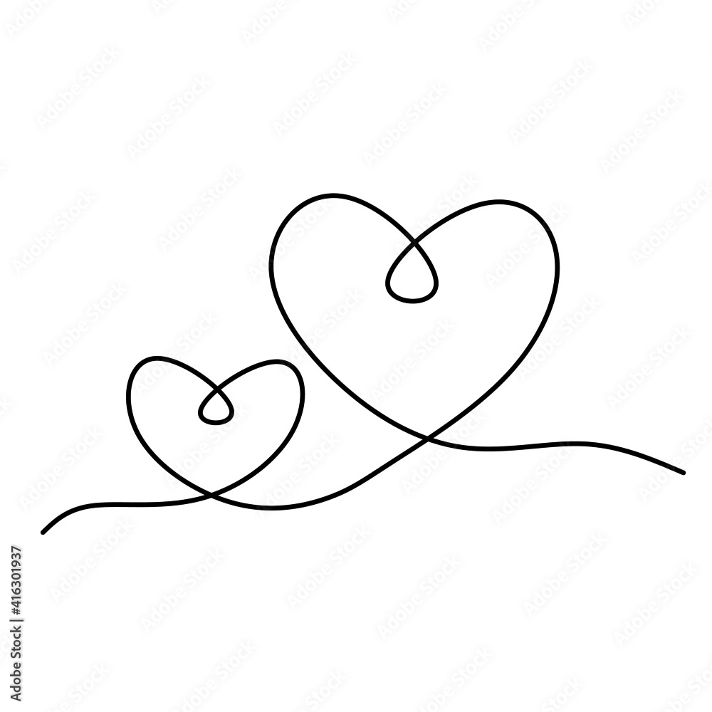 Continuous one line drawing of heart shape, vector minimalist black and white illustration of love valentine concept Continuous one line drawing of heart shape, vector minimalist black and white illustration of love valentine concept