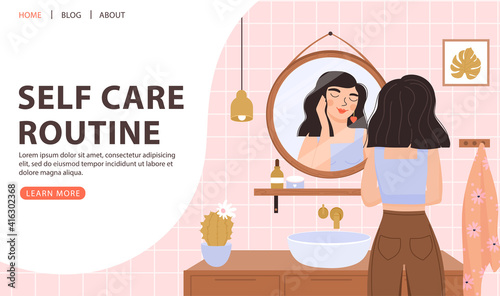 Girl stands in front of a mirror and looking at herself in reflection. Everyday beauty routine. Self care, self acceptance, love yourself, narcissism concept. Landing page template. Vector.