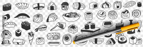 Japanese traditional foods doodle set. Collection of hand drawn asian japanese sushi rolls fish soy sauce gunkan shrimp rice noodles served in restaurants isolated on transparent background