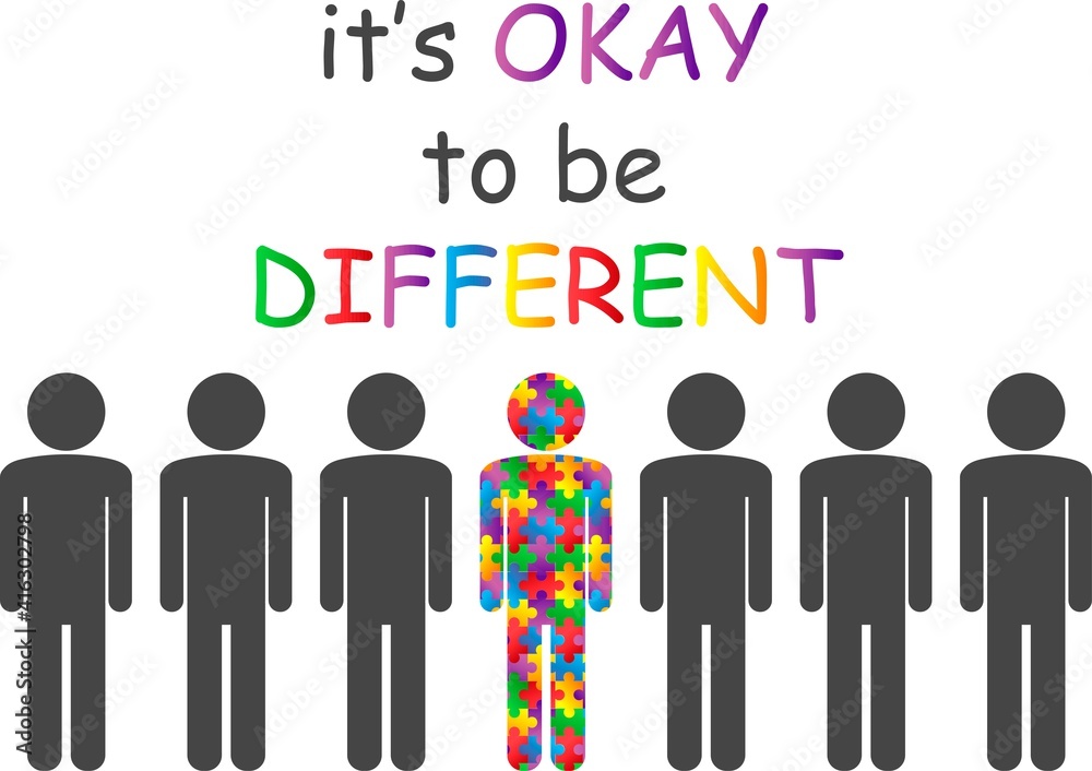 Autism Awareness Month. It's okay to be different. Multicolored puzzle in the form of a man. Healthcare concept. Vector illustration on white background Autism Awareness Month. It's okay to be different. Multicolored puzzle in the form of a man. Healthcare concept. Vector illustration on white background