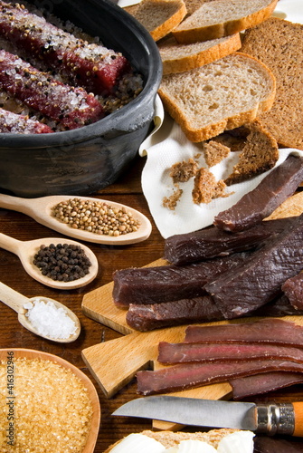 Biltong, dried and salted meat from South Africa photo