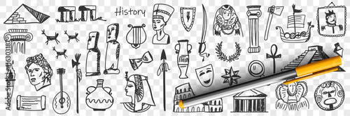 Symbols of history doodle set. Collection of hand drawn ancient sculptures monuments jugs masks theatres buildings wreaths musical instruments torch ships isolated on transparent background