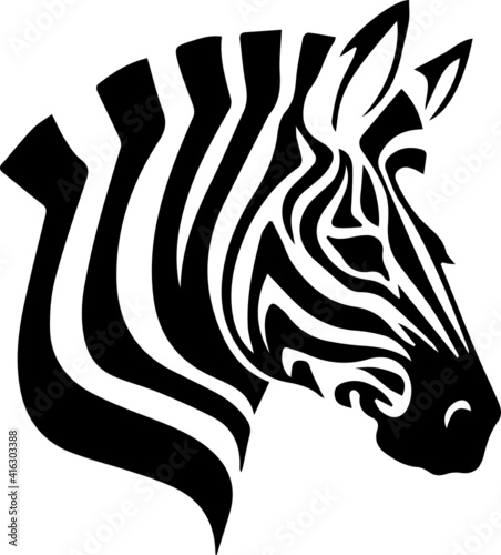 Zebra head logo vector illustration. Front view silhouette African zebra portrait striped black and white skin typography design element