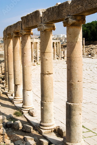 Oval Plaza with colonnade and ionic columns, Jerash (Gerasa), a Roman Decapolis City, Jordan