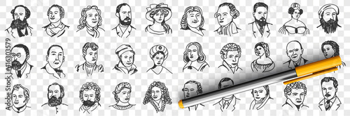 Portraits of middles ages people doodle set. Collection of hand drawn women and men with various hairstyles beard and moustache wearing hats and caps isolated on transparent background