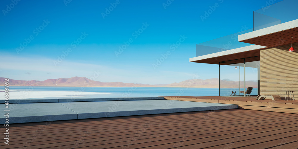 Modern wooden house exterior with cement and wooden dock platform Modern wooden house exterior with cement and wooden dock platform