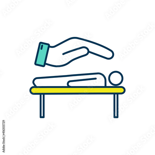 Hands-on healing RGB color icon. Chiropractic care. Reiki practice. Transferring energy from palms to patient. Physical, spiritual health support. Restoring body energy. Isolated vector illustration
