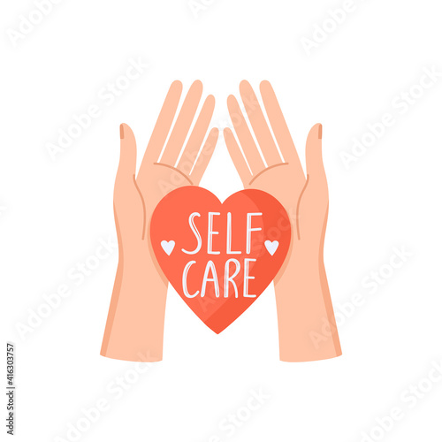 Heart in hands. Symbol of love. Self care, self acceptance, love yourself, narcissism concept. Vector illustration on white background.