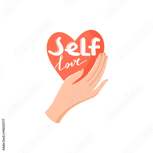Heart in hand. Symbol of love. Self care, self acceptance, love yourself, narcissism concept. Vector illustration on white background.