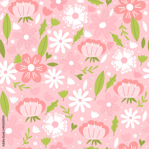 Floral elegant seamless pattern with simple flower and leaves. Vector design for fabric, wrapping paper, packaging, wallpaper etc.