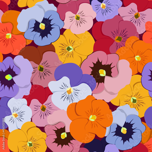 Seamless pattern with colorful pansy flowers. Vector illustration. For decoration textile, packaging, cover.