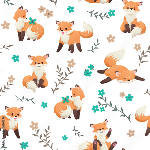 Cute seamless pattern with a little fox, butterfly and flowers. Hand Drawn vector illustration. Wrapping paper pattern. Background with vector cartoon elements. © Nessa