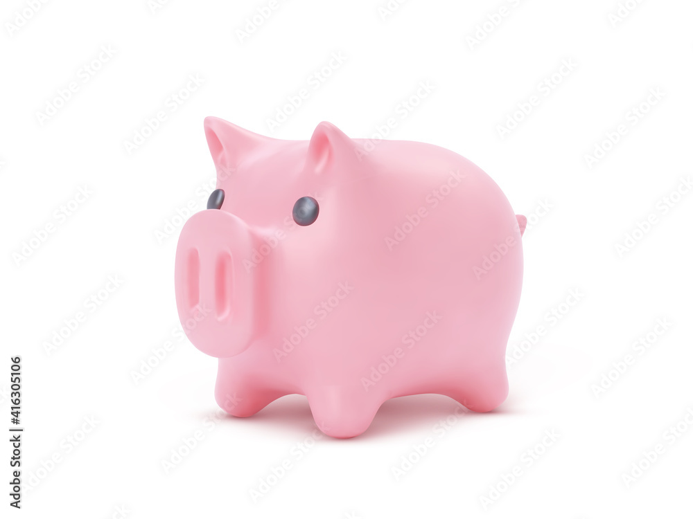 Realistic pink piggy bank pig isolated on white background. Piggy bank with coins, financial savings and banking economy, long-term deposit investment. Vector illustration.
