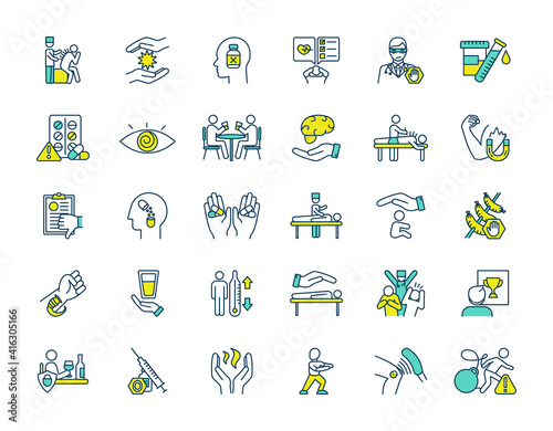 Alternative medicine RGB color icons set. Acupuncture session. Biofeedback. Energy healing. Electromagnetic therapy. Positive attitude. Hypnotherapy. Placebo effect. Isolated vector illustrations