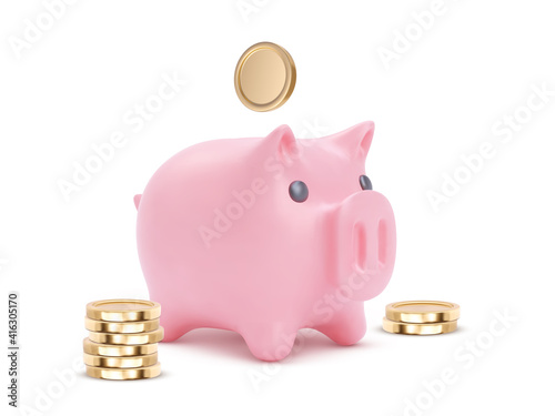 3d realistic moneybox in the form of a pig and coins falling, isolated on white background. Vector illustration