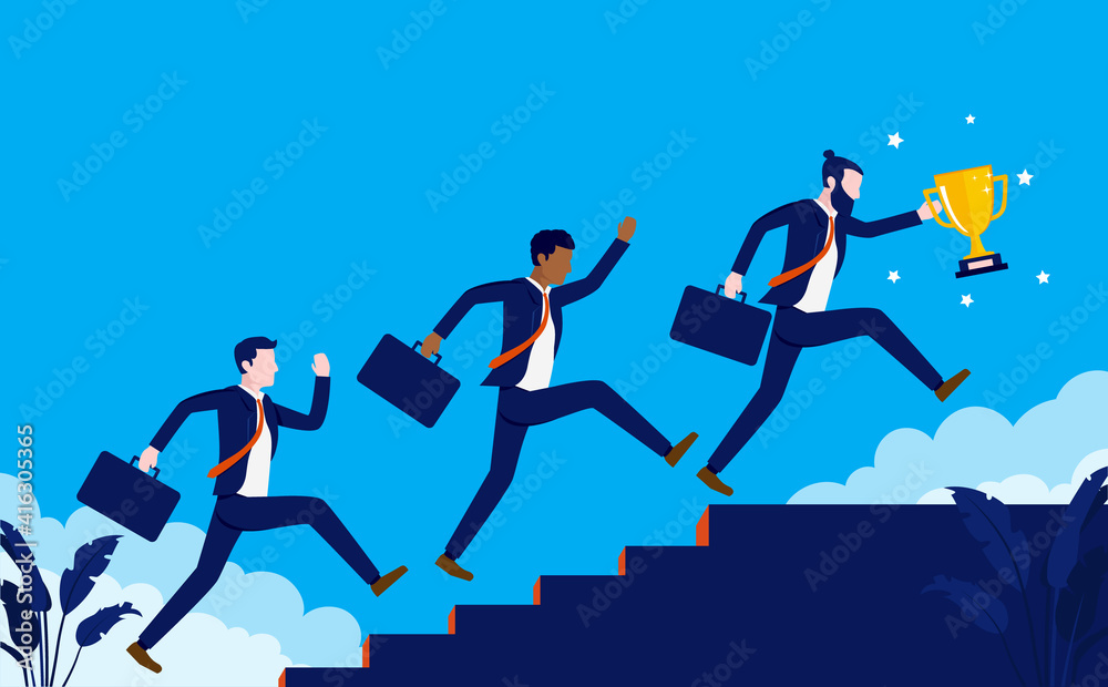 Team running to the top - Three business people running up stairs towards goal, leader has trophy in hand. Teamwork and winning concept. Vector illustration.