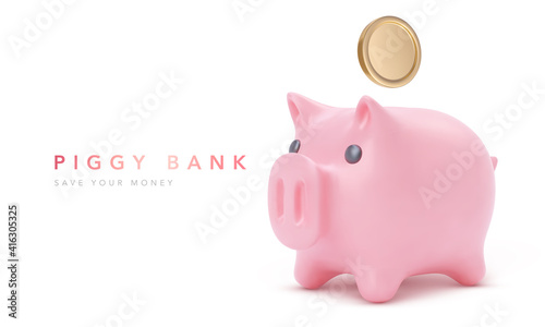 Gold coin fly around the piggy bank isolated on white background. Symbol of profit and growth. Stability and security of money storage. Vector illustration