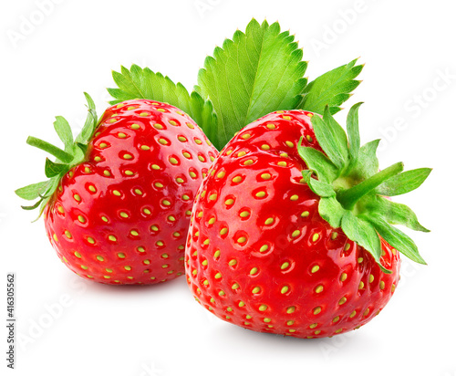 Strawberries isolated. Strawberry with leaf isolate. Two whole strawberries on white. Side view. Full depth of field.