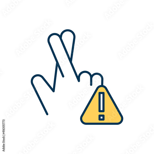 Crossed fingers RGB color icon. Making vow, promise, oath. Honesty in relationship. Hand gesture. Wishing for luck. Precaution against telling lie. Being totally honest. Isolated vector illustration