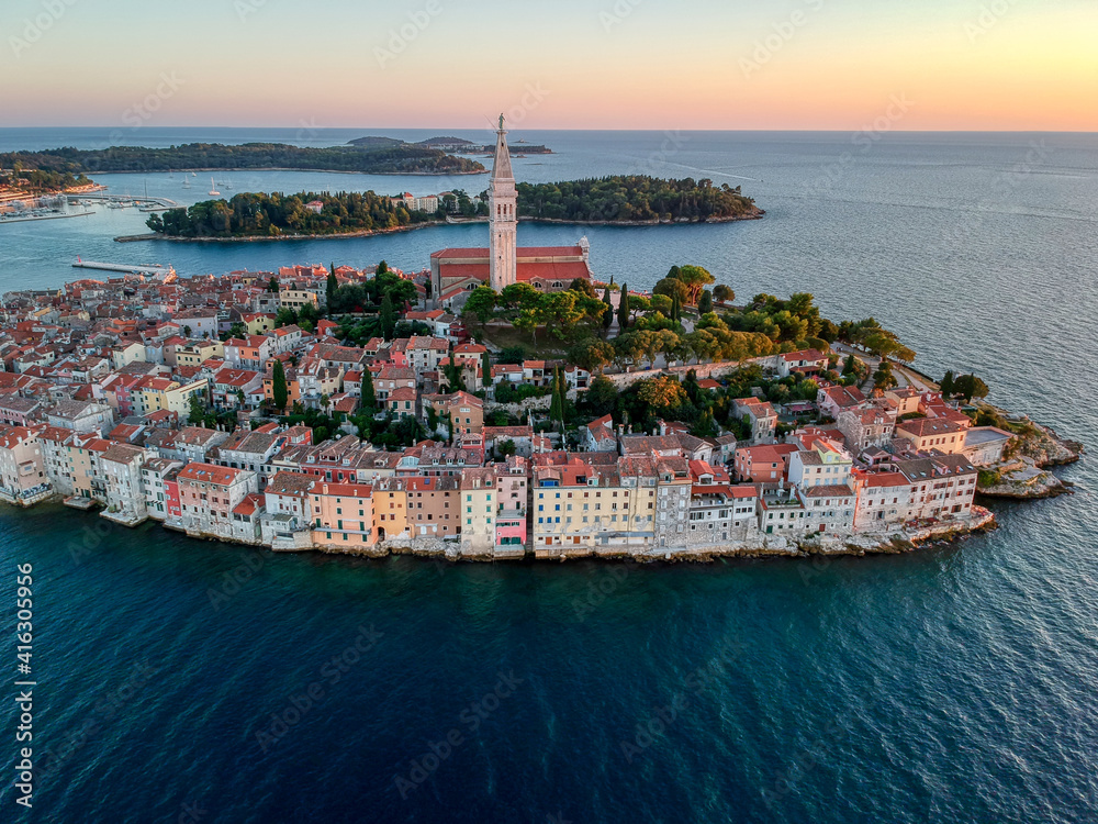 Aerial view on the old part of Rovinj city in Croatia, and the Church of St. Euphemia.