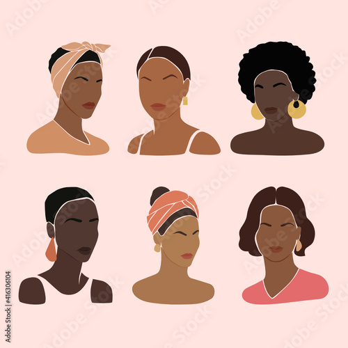 Black young beautiful women. Portraits with different hairstyles. Black lives matter poster.