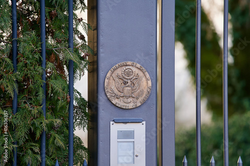 Seal of the embassy of the United States of America at Swiss capital city of Bern, Switzerland. Photo taken February 24th, 2021, Bern, Switzerland.
