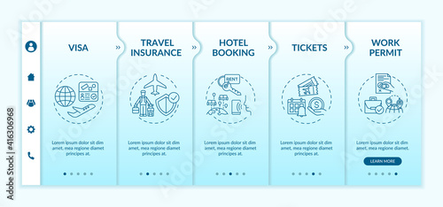 Business trip requirements onboarding vector template. Travel Insurance. Service adaptation. Hotel booking. Responsive mobile website with icons. Webpage walkthrough step screens. RGB color concept